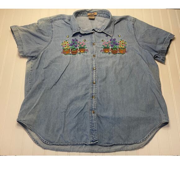 Just My Size Denim Flowers Plants Floral Embroidered Button Down Top Size 22/24 - Picture 1 of 8
